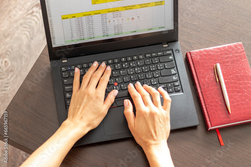Shot of a woman working on the laptop showing an excel sheet on the screen with bank loan amortization table. Finance