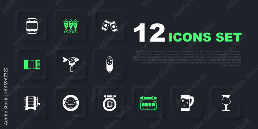 Set Glass of beer, Dried fish, Street signboard with Beer, Accordion, Sausage, and icon. Vector Set Glass of beer, Dried fish, Street signboard with Beer, Accordion, Sausage, and icon. Vector