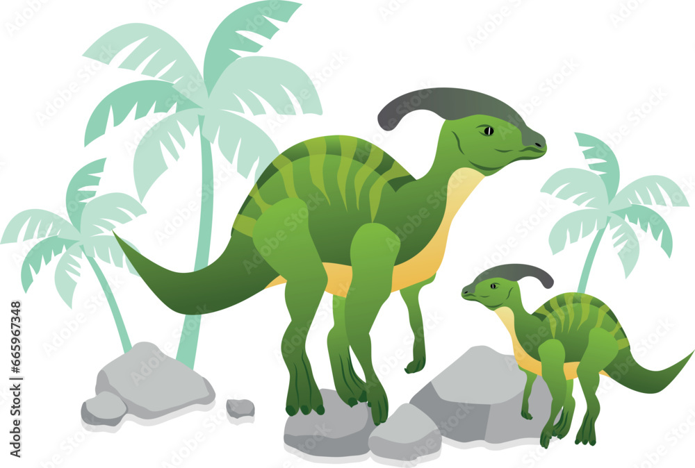 Fototapeta premium Parasaurolophus dinosaur vector illustration with palms and stones.