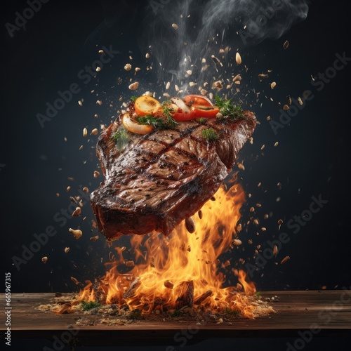 grilled steak with sparks of fire ,grilled steak with sparks of fire Freeze motion barbecue concept.Genarative Ai