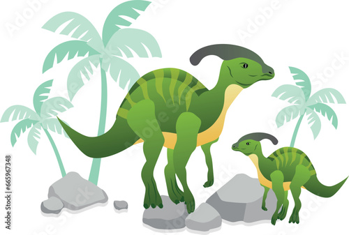 Parasaurolophus dinosaur vector illustration with palms and stones.