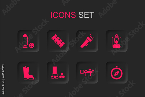 Set Cartridges, Hunting cartridge belt, Bullet, Sniper optical sight, Camping lantern, Compass, Flashlight and Waterproof rubber boot icon. Vector