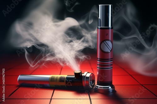 Illustration of an e-cigarette with a prohibited sign, representing the ban on e-cigarettes in certain places. Generative AI photo