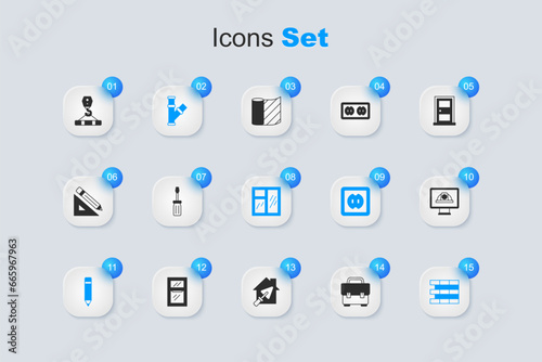 Set Toolbox, Screwdriver, Industry metallic pipe, Pencil with eraser, Bricks, Worker safety helmet, Crane hook and Window in room icon. Vector