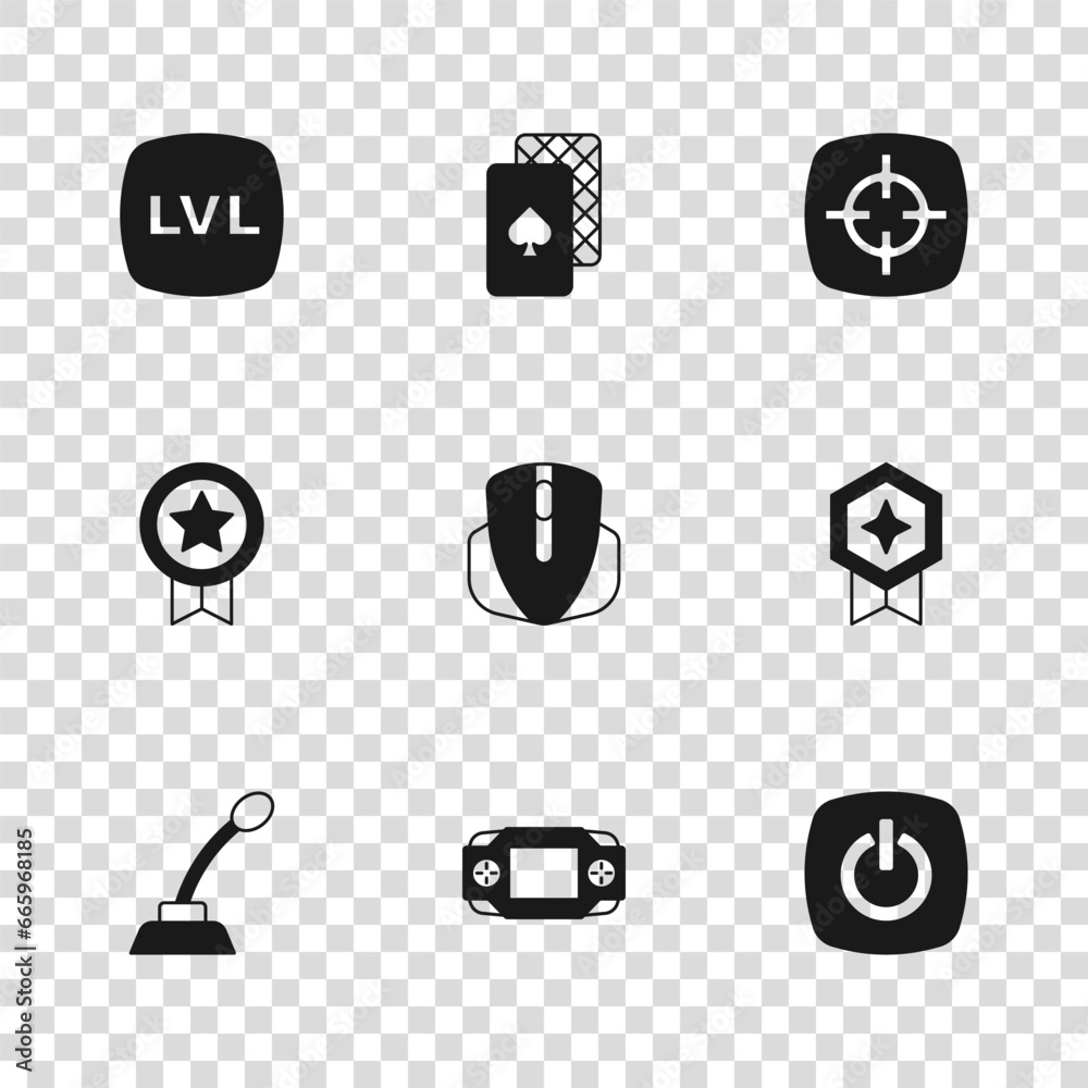 Fototapeta premium Set Portable video game console, Game rating with medal, Power button, Computer mouse, Target sport, Level, Playing cards and icon. Vector