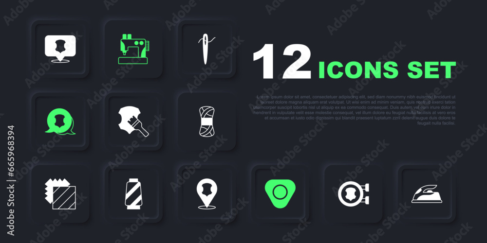 Set Leather, Electric iron, Sewing chalk, thread spool, machine and icon. Vector Set Leather, Electric iron, Sewing chalk, thread spool, machine and icon. Vector