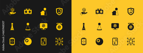 Set Chess, Billiard pool snooker ball, Game dice, Air hockey table, Chip for board game, and Time chess clock icon. Vector