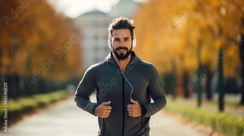 Young Caucasian man during jogging workout on the evening promenade.