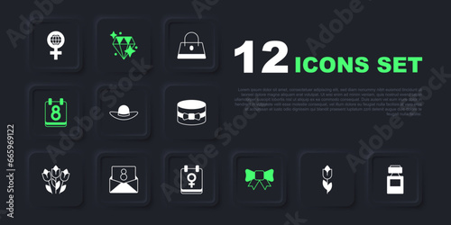 Set Flower tulip, Perfume, Elegant women hat, Gift bow, Calendar with 8 March, Envelope, Diamond and icon. Vector