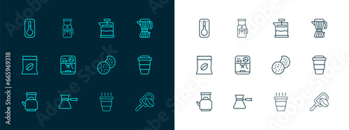 Set line Coffee maker moca pot, turk, Cookie or biscuit, cup to go, machine, French press, thermometer and Electric coffee grinder icon. Vector
