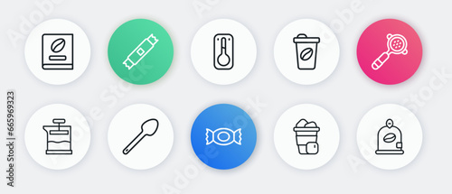 Set line Candy, Coffee filter holder, French press, Iced coffee, cup to go, thermometer, Bag beans and Teaspoon icon. Vector