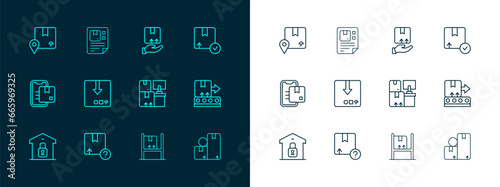 Set line Carton cardboard box, Warehouse with boxes, interior, Delivery hand, Location and Waybill icon. Vector