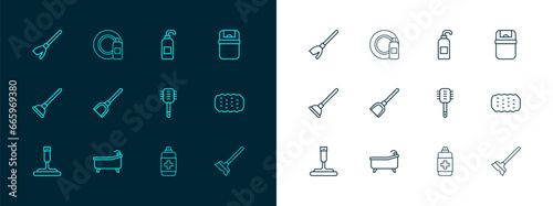 Set line Trash can, Bathtub, Toilet brush, Antibacterial soap, Dustpan, Handle broom and Dishwashing bottle plate icon. Vector