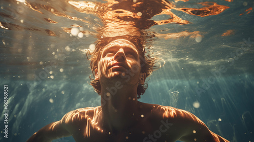 man swimming underwater with sunlight shining on face through ripples