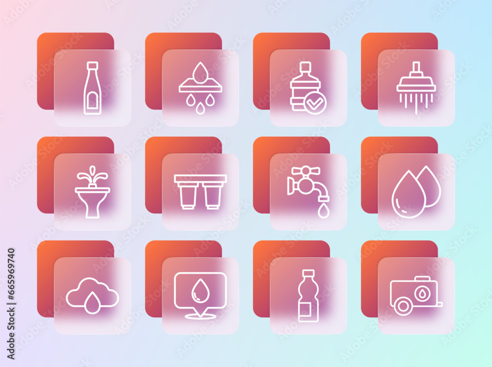 Set line Shower, Water drop with location, tap, Bottle of water, filter cartridge, Big bottle clean, and icon. Vector Set line Shower, Water drop with location, tap, Bottle of water, filter cartridge, Big bottle clean, and icon. Vector