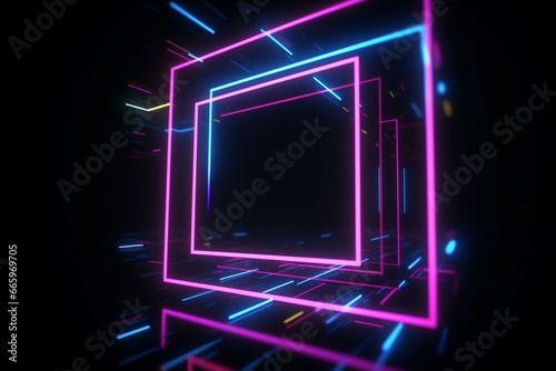 Colorful frame with neon motion graphic on black background. Blue and pink lights moving for overlay. 3D rendering. Generative AI