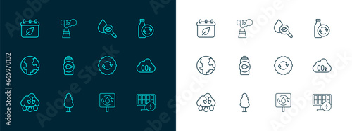 Set line Recycling plastic bottle, Tree, Recycle symbol, clean aqua, Eco nature leaf battery, Drop and magnifying glass, Calendar with autumn leaves and CO2 emissions cloud icon. Vector