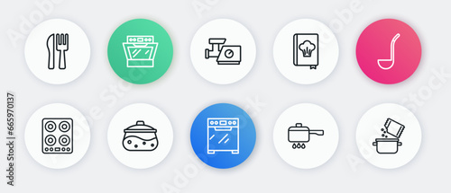 Set line Oven, Kitchen ladle, Gas stove, Cooking pot on fire, Cookbook, meat grinder, and spice and icon. Vector