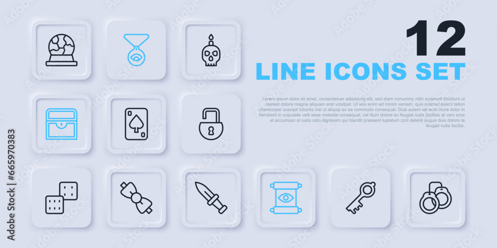 Set line Old magic key, Handcuffs, Playing cards, Magic scroll, Antique treasure chest, Bow tie, Medallion on chain with eye and Dagger icon. Vector Set line Old magic key, Handcuffs, Playing cards, Magic scroll, Antique treasure chest, Bow tie, Medallion on chain with eye and Dagger icon. Vector