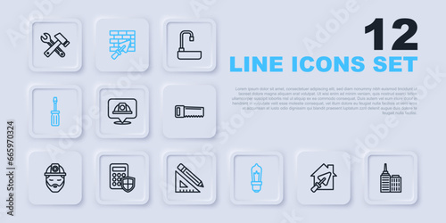 Set line House with trowel, City landscape, Worker safety helmet, Light bulb, Screwdriver, Security keypad access panel, Brick wall and Triangular ruler pencil icon. Vector