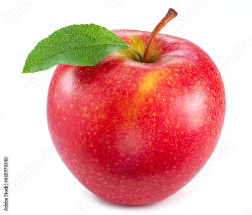 Ripe red apple with green leaf on white background.