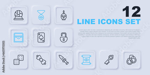 Set line Old magic key, Handcuffs, Playing cards, Magic scroll, Antique treasure chest, Bow tie, Medallion on chain with eye and Dagger icon. Vector