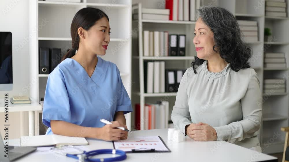 Health counseling for senior women by medical specialists from hospitals. Female doctor and an elderly patient are consulting in an examination room at a hospital. Health counseling for senior women by medical specialists from hospitals. Female doctor and an elderly patient are consulting in an examination room at a hospital.
