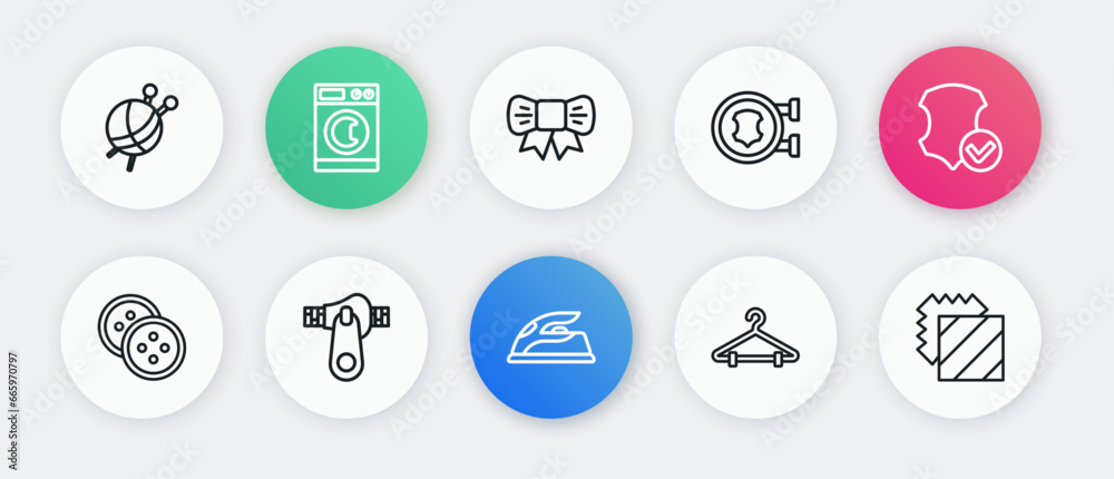 Set line Electric iron, Leather, Sewing button for clothes, Hanger wardrobe, Gift bow, Layers clothing textile and Zipper icon. Vector Set line Electric iron, Leather, Sewing button for clothes, Hanger wardrobe, Gift bow, Layers clothing textile and Zipper icon. Vector