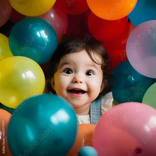 Photo of a baby's fascination with colorful balloons, shot with a portrait lens Generative AI
