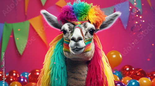 A lama celebrating birthday in rainbow colors photo