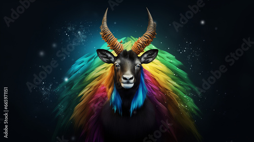 Fantasy abstract art of a ram in rainbow colors