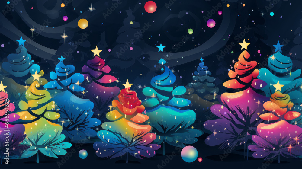 Colorful christmas trees with neutral sky. Generated with ai.