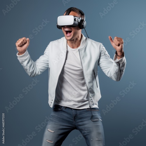 Man wearing VR headset playing video game with solid background  © kimly