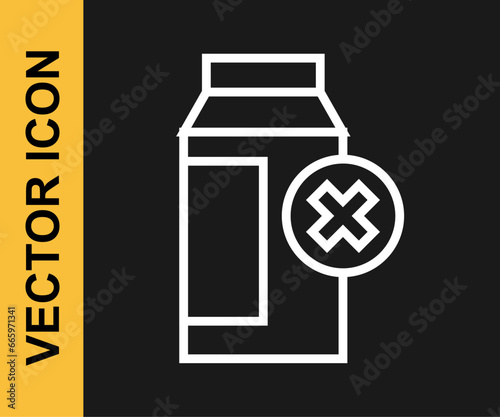 White line Lactose intolerance icon isolated on black background. Not allow milk. Allergy concept, lactose intolerance allergy warning sign. Vector