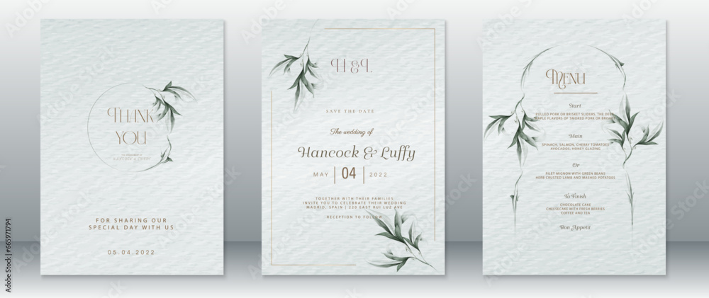 Wedding invitation card template luxury gold design with nature leaf and watercolor background
