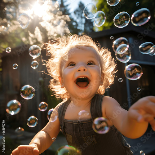 Photo of a baby's laughter as they play with bubbles, captured with a wide-angle lens Generative AI