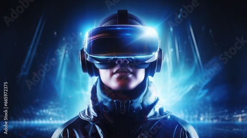 Portrait of young woman character digital 3D avatar, wearing futuristic VR glasses, immersed in colourful metaverse, explore virtual worlds, and enjoy the cutting-edge digital realm.