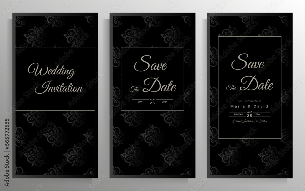 Naklejka premium Wedding invitation design. Set of elegant card templates with graphic floral patterns. Vector illustration.