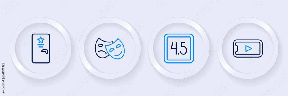 Set line Online play video, Rating movie, Comedy and tragedy masks and Backstage icon. Vector Set line Online play video, Rating movie, Comedy and tragedy masks and Backstage icon. Vector