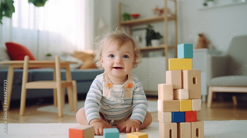 © olegganko - Child plays with colorful building blocks in his living room © olegganko - Child plays with colorful building blocks in his living room