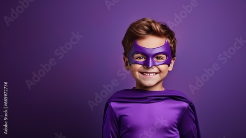 A young boy wearing a superhero costume stands in a triumphant pose