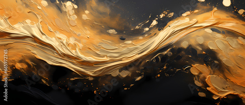 Abstract gold black acrylic painted fluted painting texture luxury background banner on canvas - Golden waves swirls