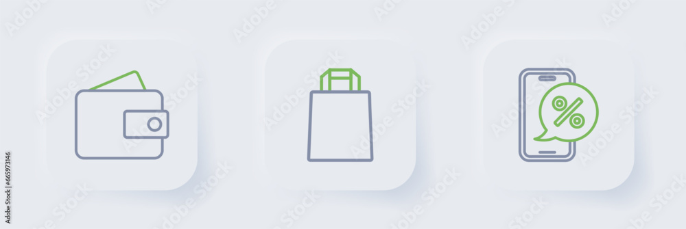 Set line Percent discount on phone, Paper shopping bag and Wallet icon. Vector