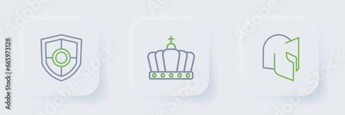 Set line Medieval helmet, King crown and Shield icon. Vector