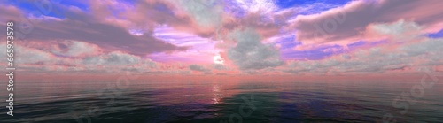 panorama of the ocean sunset, sea sunset, the sun in the clouds over the water, 3D rendering