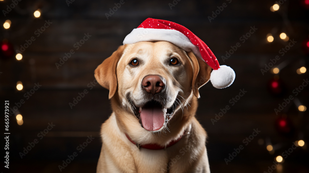 Studio protrait full body of Cute Labrador Retriever in cute Christmas's hat and shirt wearing. Background in red and green theme color has Christmas ornaments decoration behind. Studio protrait full body of Cute Labrador Retriever in cute Christmas's hat and shirt wearing. Background in red and green theme color has Christmas ornaments decoration behind.