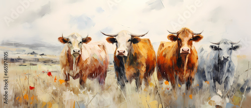 cattle silhoutte with rustic colors, white background, texture painting with oil brush stroke, palette knife paint on canvas