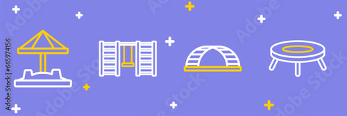 Set line Jumping trampoline, Monkey bar, Swedish wall and Sandbox with sand icon. Vector