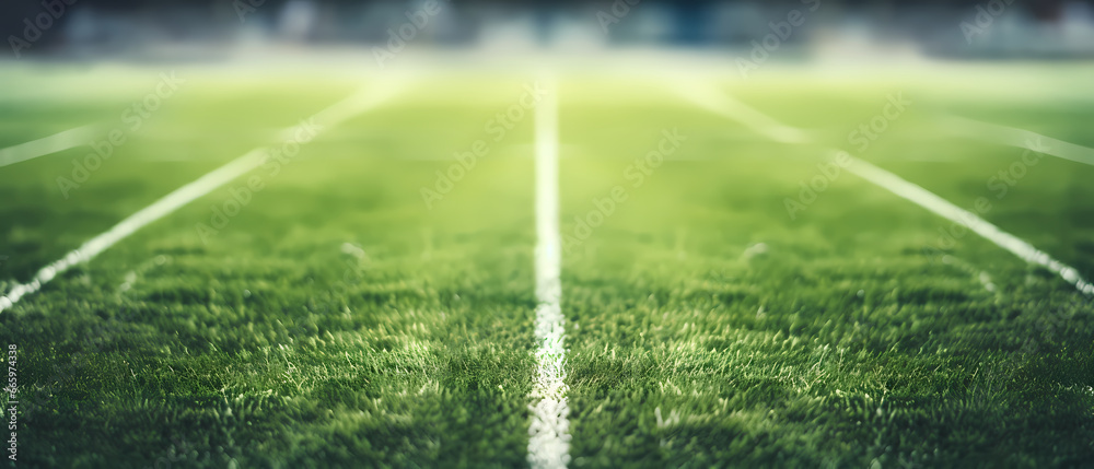 Closeup of Soccer field in football stadium with line grass pattern. Sport background and athletic wallpaper concept