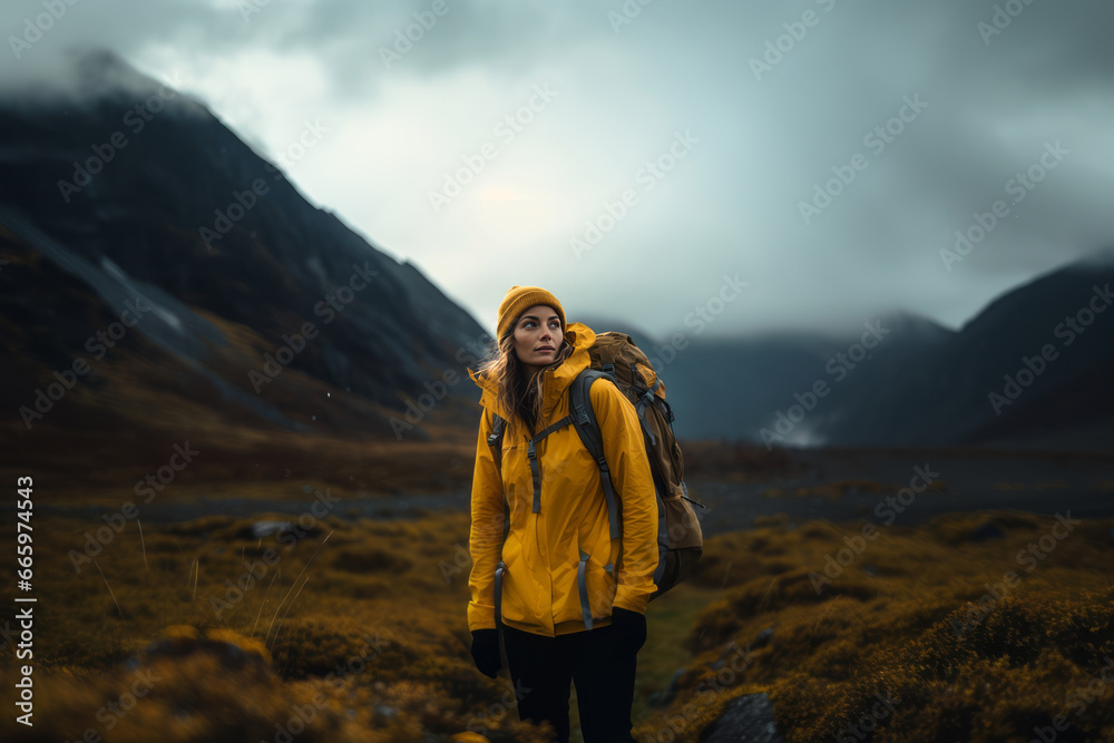 Portrait of a beautiful young woman in yellow jacket with a backpack against the backdrop of picturesque mountains. Female tourist is engaged in hiking. Active lifestyle, travel and trekking concept.